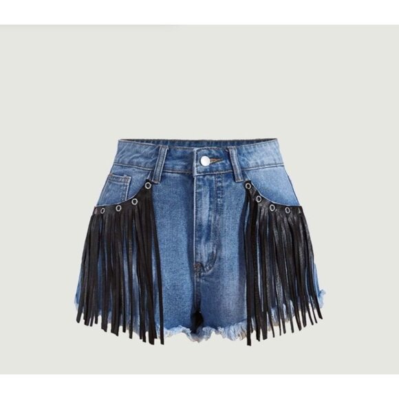 Shein Women's Frayed Denim Shorts With black Fringe Detail rocker shorts Size 27 - Picture 1 of 5